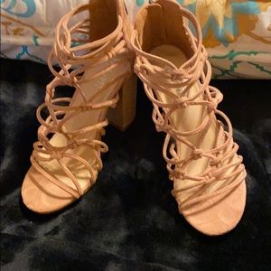 Mi. iM nude suede heels. 3 1/2 inch wooden heel
